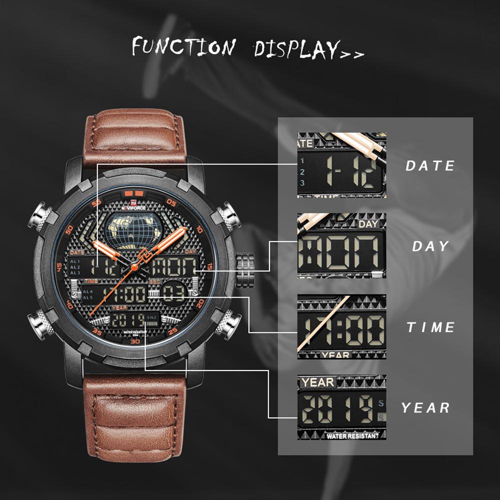 Đồng hồ NAVIFORCE 9160 Man Quartz hiển thị thời gian kép Ngày tháng Năm Mặt số Chế độ ban đêm không thấm nước