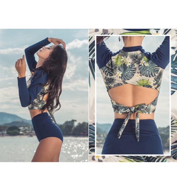 Bikini Dài Tay Hoa Xanh Hai Mảnh Cạp Cao Quảng Châu Hottrend 2021 Sexy Xịn Đẹp