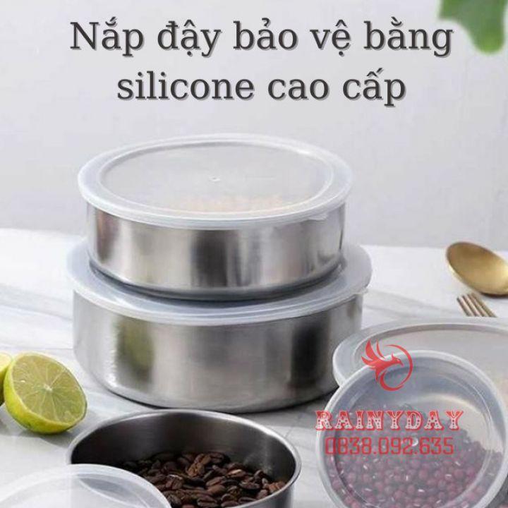 Bộ 5 hộp thố inox đựng bảo quản thực phẩm thức ăn trong tủ lạnh có nắp đậy silicon hút chân không