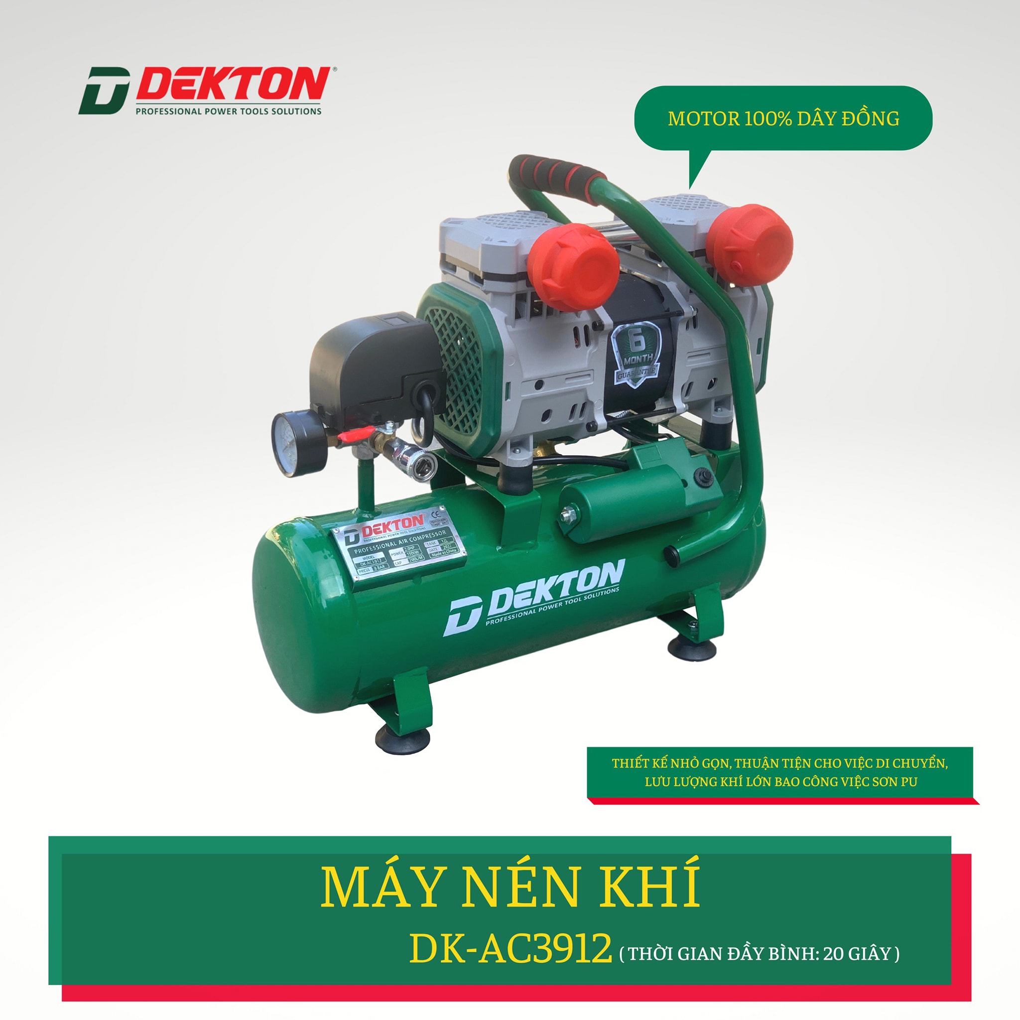 Máy nén khí không dầu DK-AC3912 12L bơm hơi nhanh Dekton bản nâng cấp