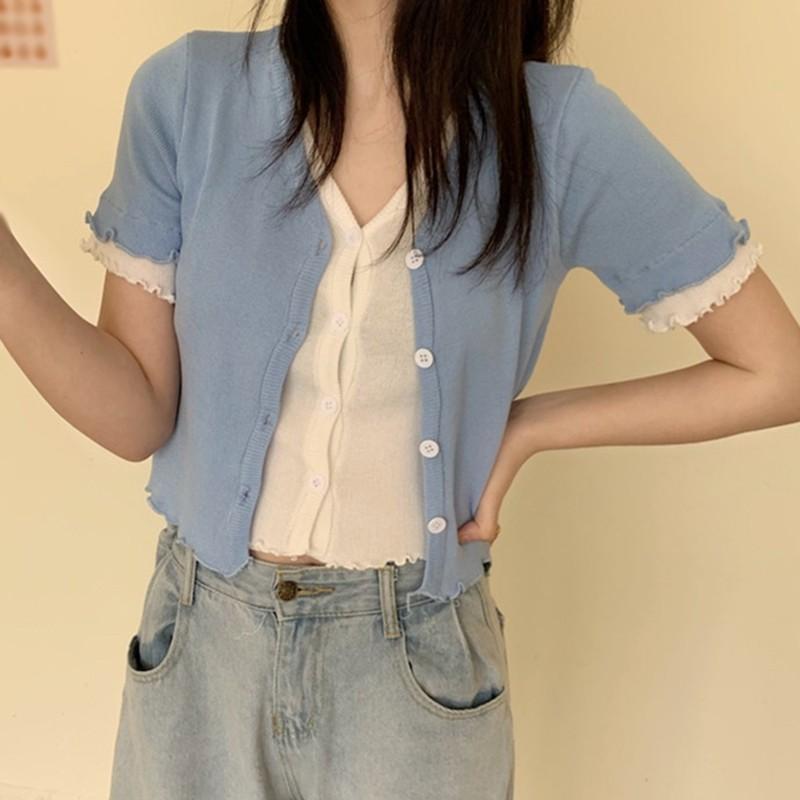 Áo Khoác Cardigan Dệt Kim Cổ Chữ V Màu Trơn Thời Trang Mùa Hè Cho Nữ