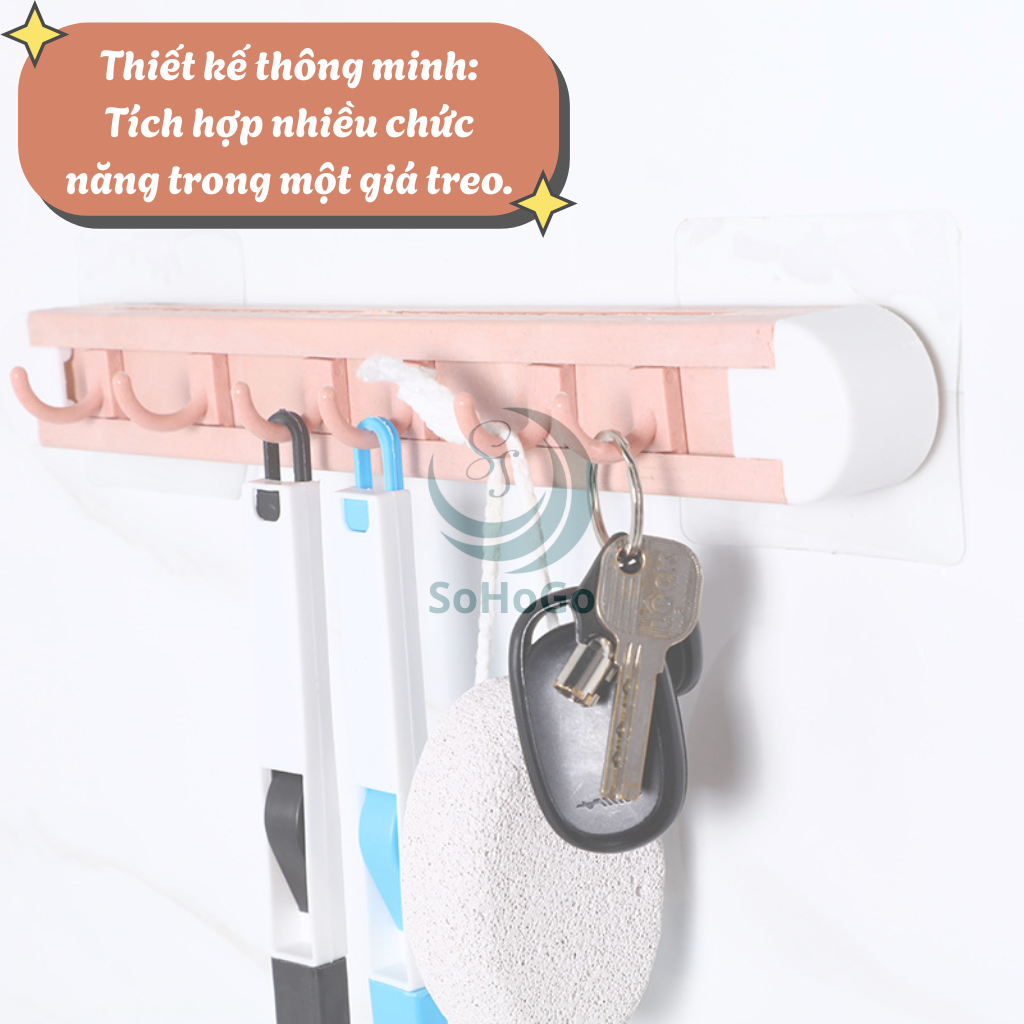 Giá treo dụng cụ nhà bếp đa năng -Kệ treo tường có móc và khe cắm dao kéo -Thanh treo nhà bếp thông minh 6 móc