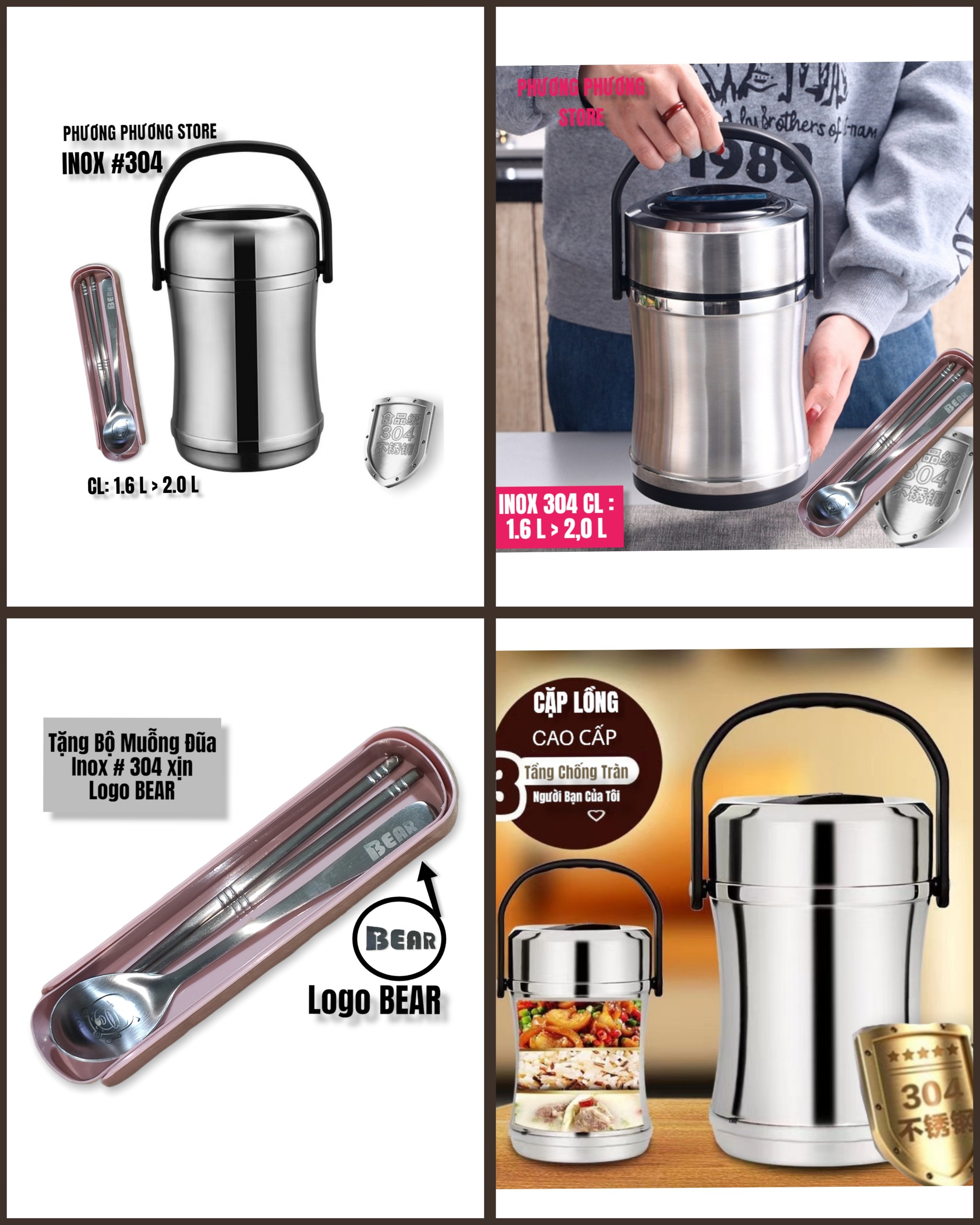 CẶP LỒNG, CAMEN GIỮ NHIỆT CAO CẤP INOX 304 DUNG TÍCH 1,6L / 2.0L HÀNG SIÊU ĐẸP