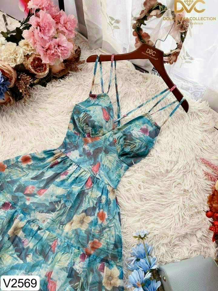 Đầm maxi hai dây có mút ngực đi biển màu xanh