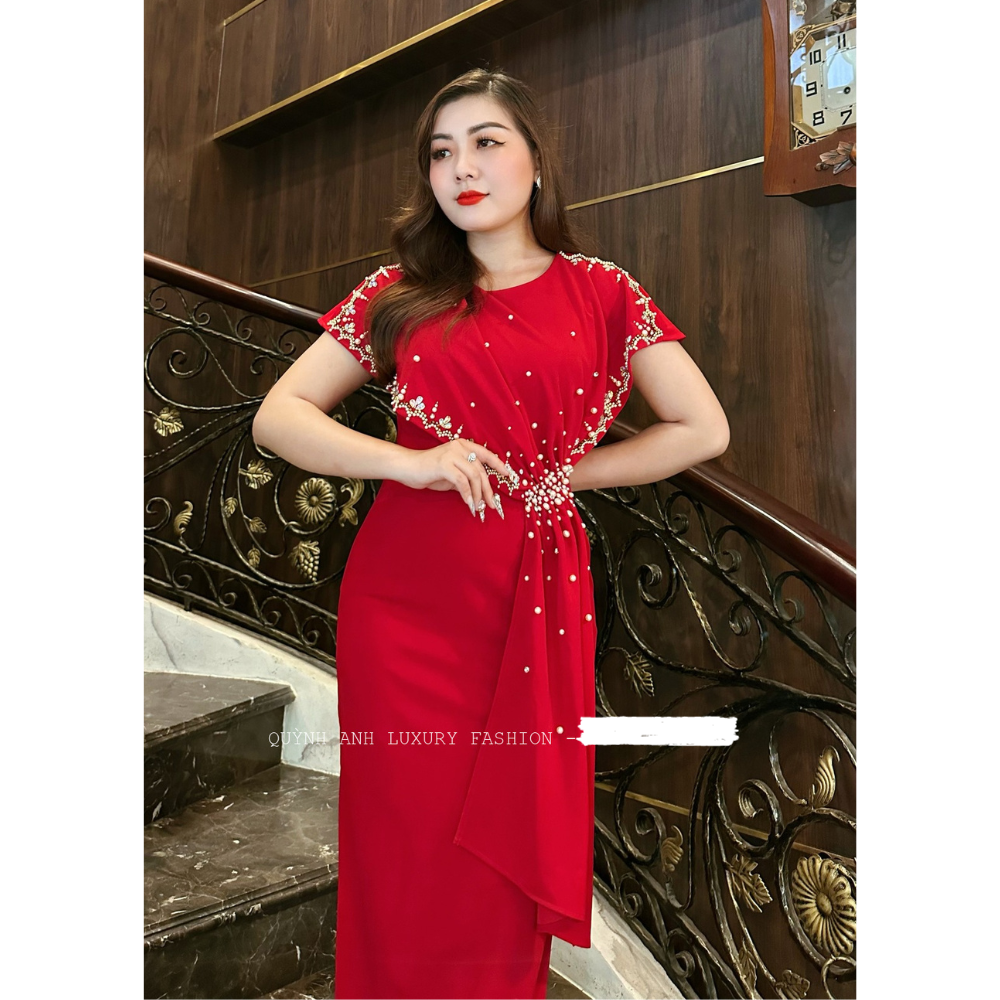 Đầm Dạ Hội Dáng Dài Đỏ Cổ Tròn Kết Đá Lily Dress