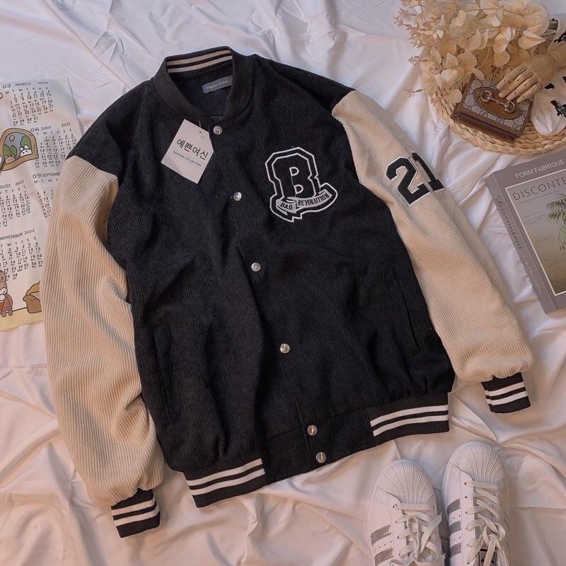 Áo khoác bomber chất nhung tăm unisex, Áo jacket varsity nhung nam nữ thêu chữ  BRO