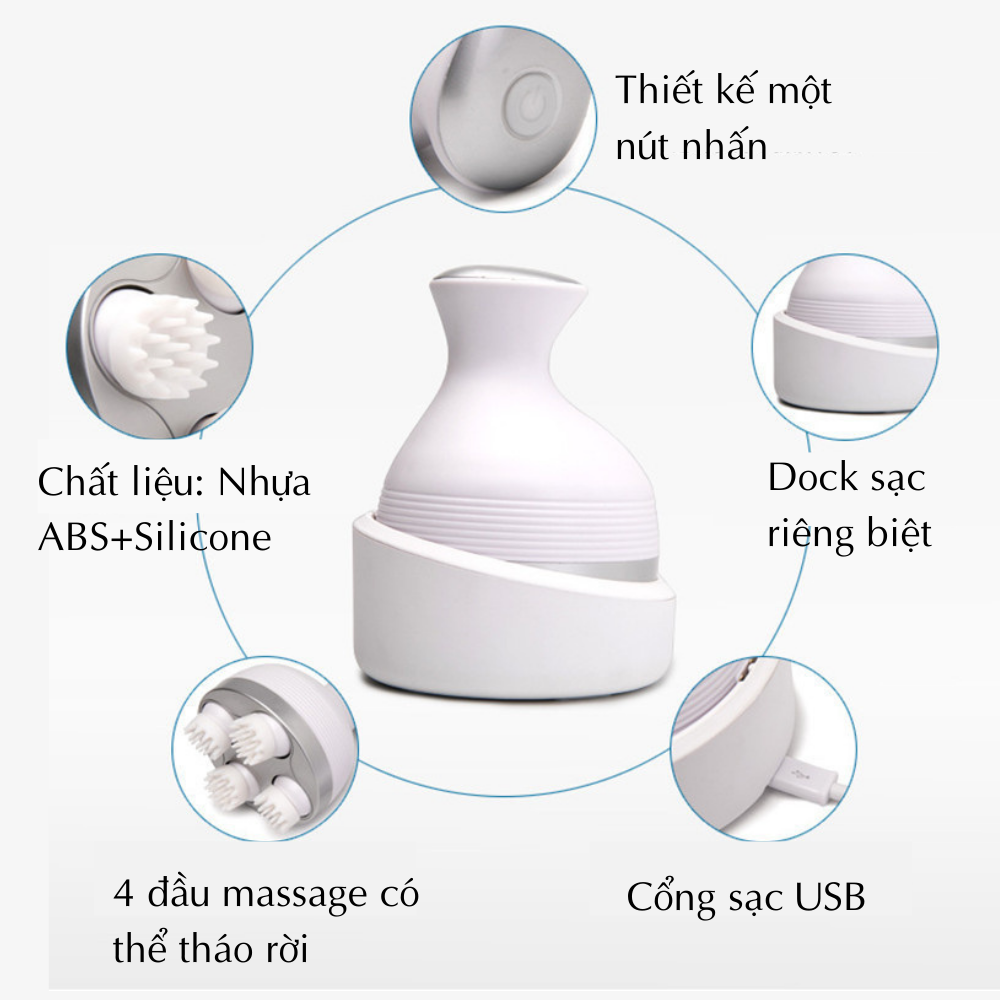 Máy massage đầu 3D đa năng CTFAST 01: Dụng cụ mát xa mini thư giãn da đầu hỗ trợ tăng lưu thông khí huyết giảm căng thẳng mệt mỏi, mất ngủ, suy giảm trí nhớ, 4 đầu massage phù hợp với cả người tóc yếu, pin sạc tiện dụng