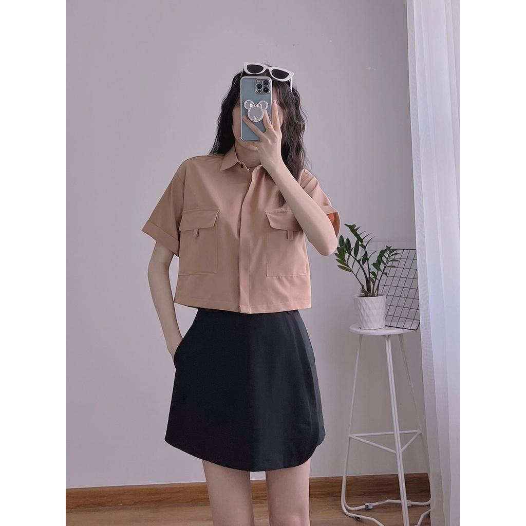 Áo sơ mi croptop ngắn tay phom rộng cá tính