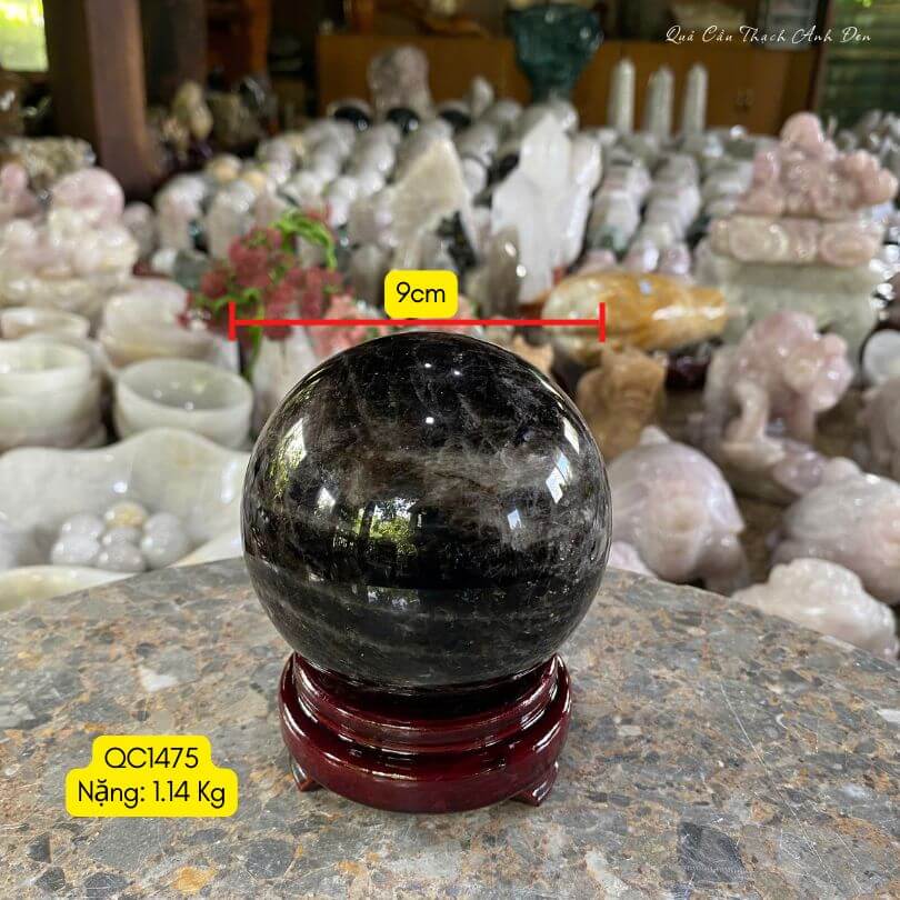Quả Cầu Thạch Anh Đen Tự Nhiên QC1475 (1.14kg - 9cm) NHASAN Vật Phẩm Phong Thủy Trấn Trạch, Hút Tài Lộc