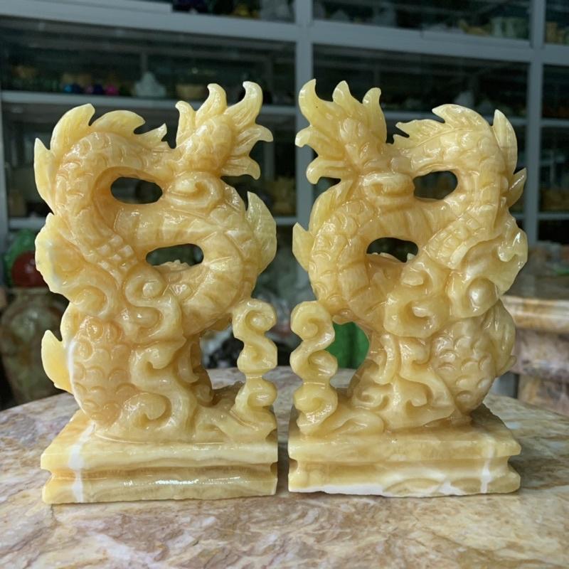 Cặp Rồng Phun Châu Ngậm Ngọc Đá Ngọc Thiên Nhiên - cao 15cm