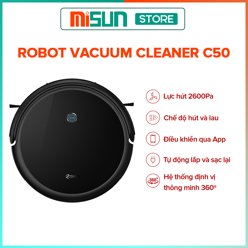 Robot Hút Bụi Lau Nhà Thông Minh 360 C50 l Tự Động Về Dock Sạc l Định Vị 360 độ - Hàng Nhập Khẩu