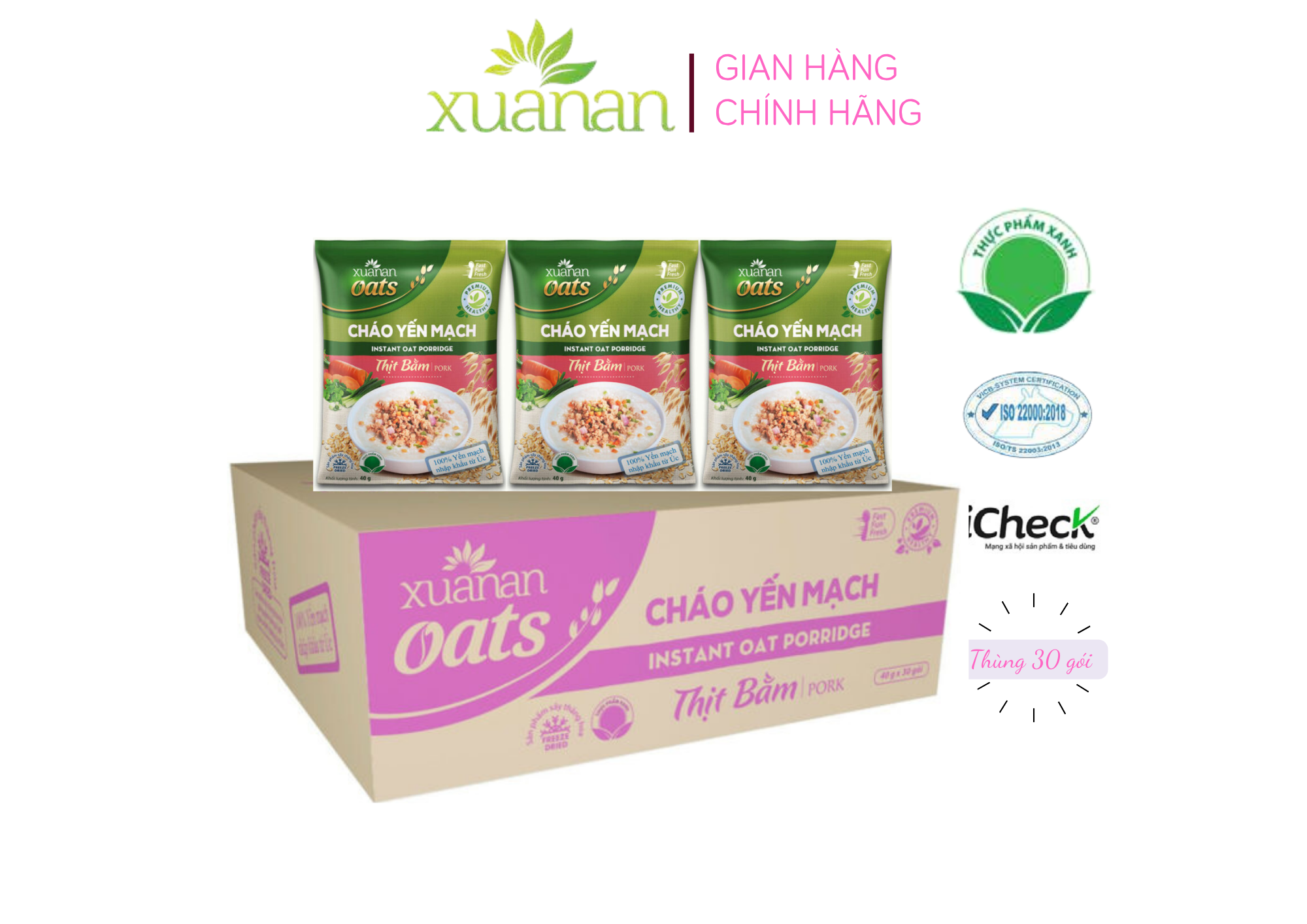 Thùng 30 Gói Cháo Yến Mạch Thịt Heo Bằm Xuân An 40G