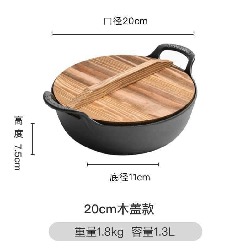 Chảo nồi gang sâu lòng đúc nguyên khối size 20cm và 25cm tặng kèm vung gỗ - PHẢI TÔI CHẢO