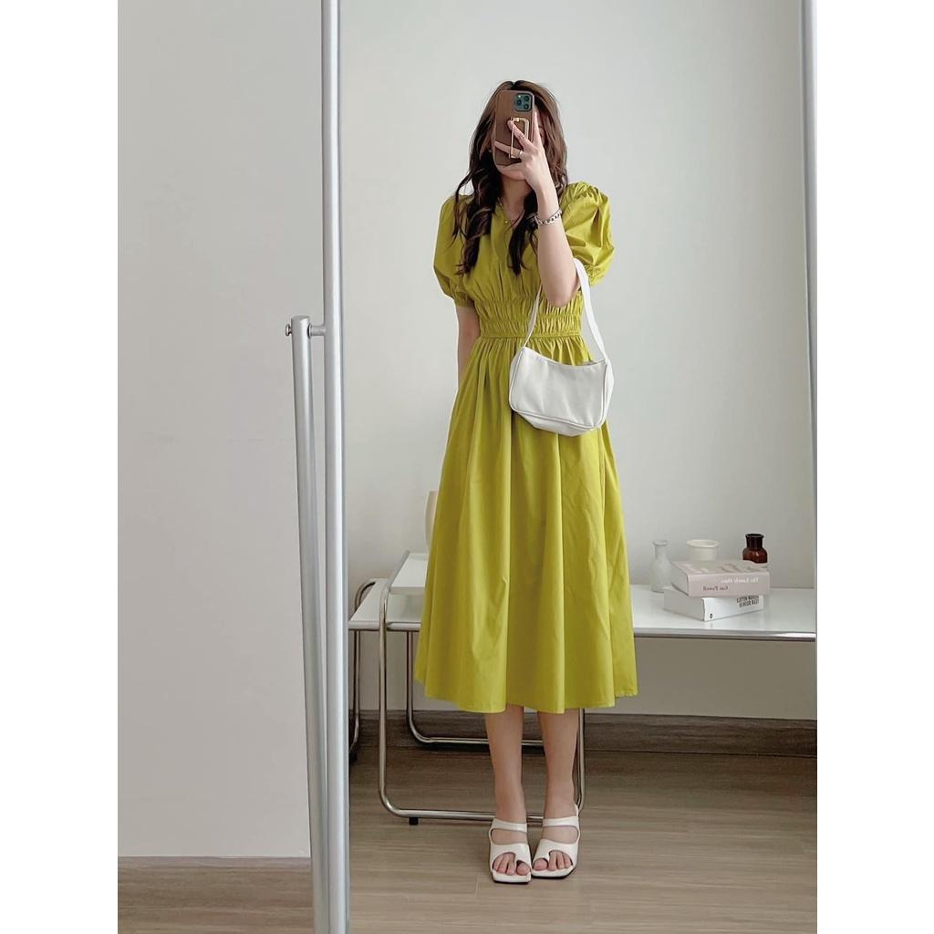 Váy Cổ V Chun Eo Tay Bồng Chât Thô Dáng Dài Nhiều Màu, Labibi