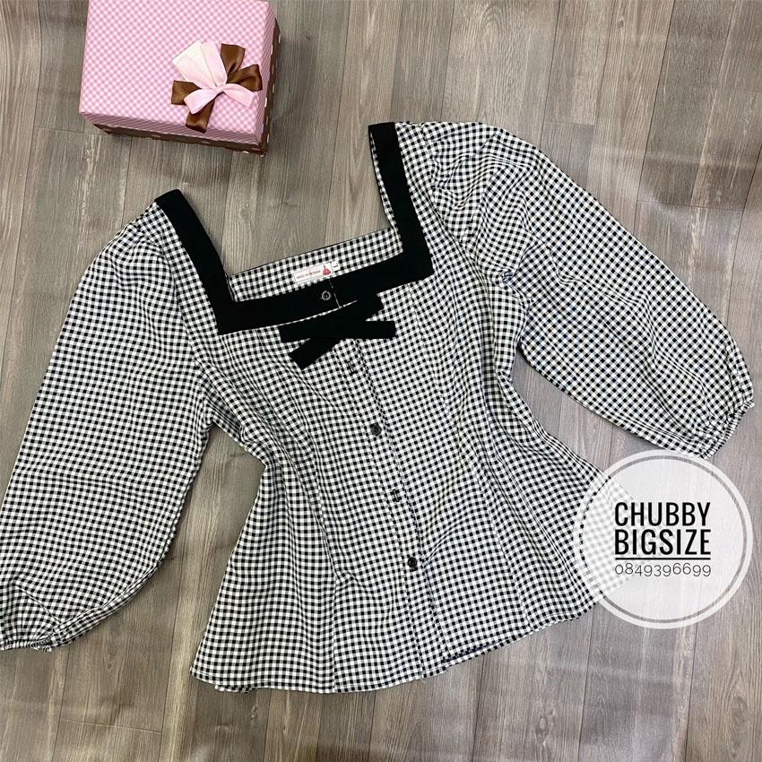 Áo bigsize caro cổ vuông nơ ngực chubbybigsize