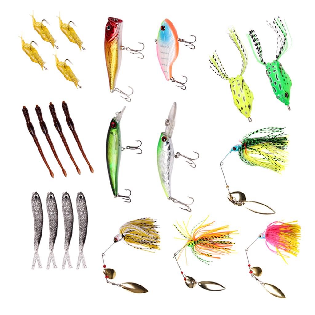 22pcs Fishing Lures Kit Soft Hard Baits Bass Popper Shrimp Minnow VIB Bait with Box for Freshwater Saltwater