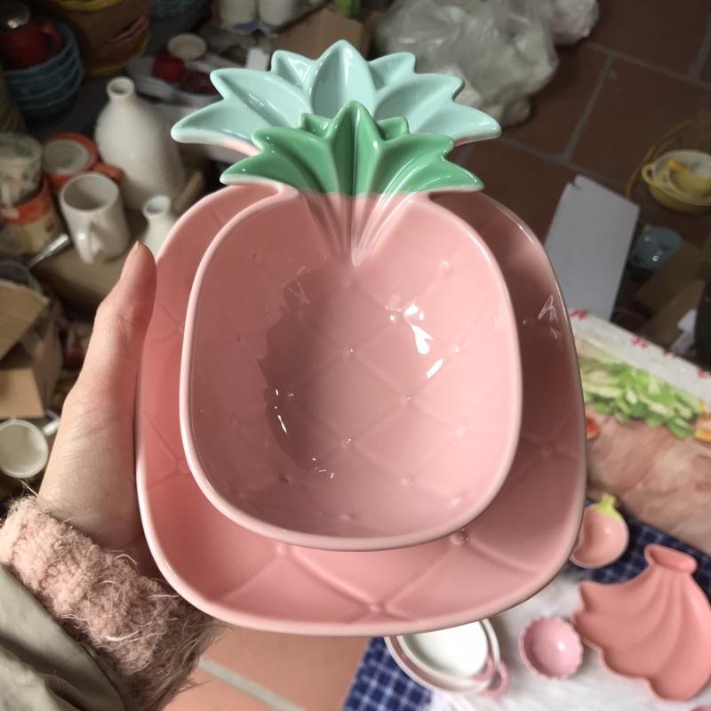 Bát , đĩa dứa 2 màu Vàng + Hồng