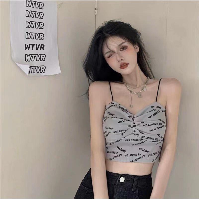 M196. Áo 2 dây có mút ngực croptop in chữ cá tính, áo kiểu nữ đẹp sang chảnh 2023 (có sẵn - miễn ship)