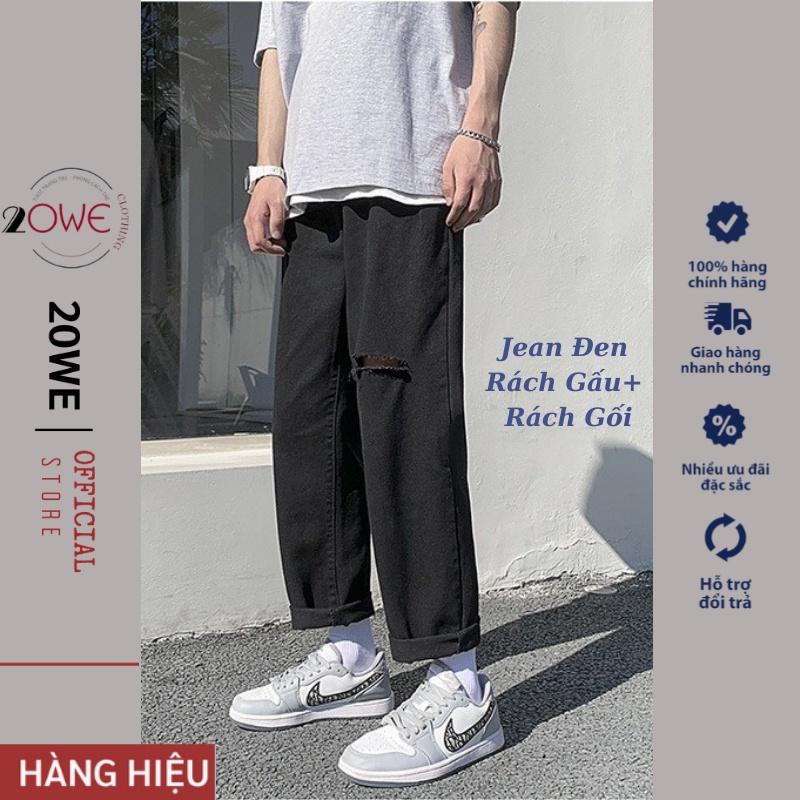 Quần jean nam rách gối màu đen chất bò cao cấp co dãn 4 chiều cực đẹp rin trơn from dáng skinny đẹp 20WE
