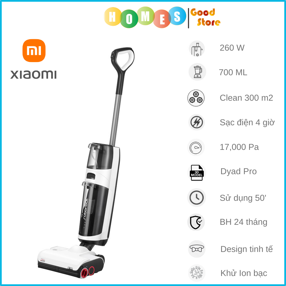 Máy Hút Bụi Lau Sàn Roborock Dyad Pro Công Nghệ Tự Động Giặt Và Sấy Giẻ Lau Bằng Khí Nóng Khử Khuẩn Ion Bạc Cảm Biến Vết Bẩn Kết Nối App Lực Hút 17.000 Pa Diện Tích Lau 300 m2 Công Suất 260 W- Hàng Chính Hãng