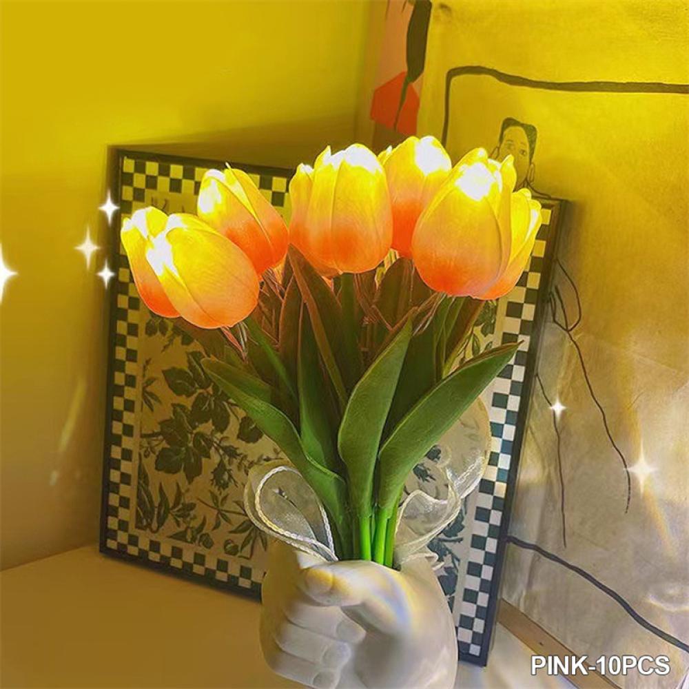 Bó 10 Cành Hoa Tulip Kèm Đèn Led Phát Sáng Hoa Cưới Hoa Lụa Giả Kèm Nơ Xinh Decor Trang Trí Nhà Cửa