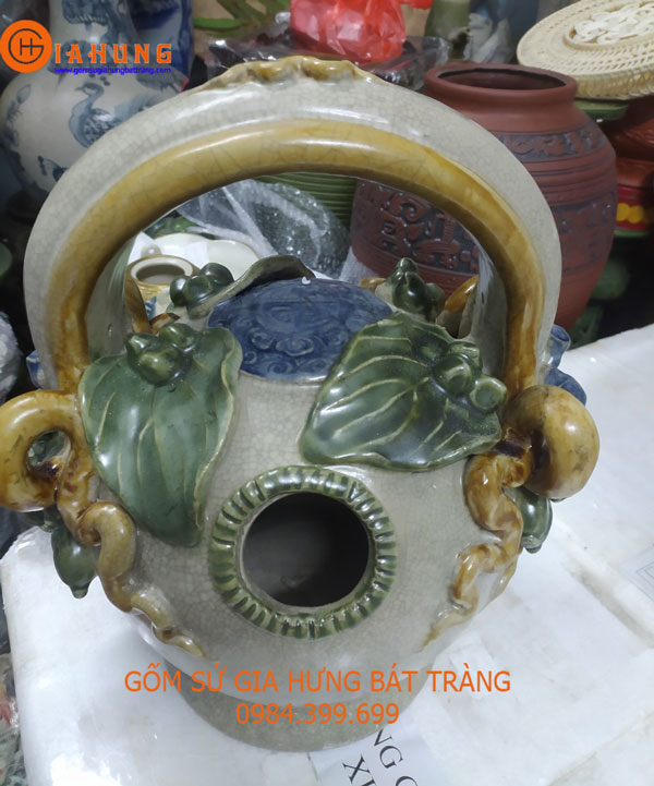 Bình vôi men rạn đắp trầu cau size đại cao 52cm