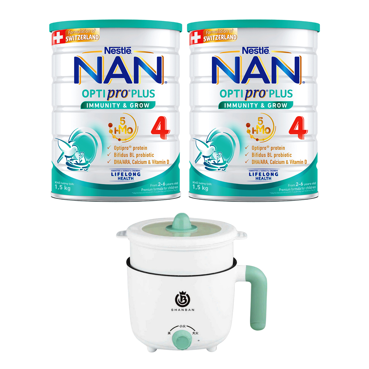 Bộ 2 lon Sữa bột Nestlé NAN OPTIPRO PLUS 4 1500g/lon với 5HMO Giúp tiêu hóa tốt + Tăng cường đề kháng Tặng Nồi lẩu điện