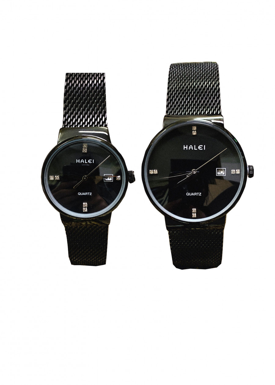 Cặp Đồng Hồ Nam Nữ Halei HL8024 full đen (Tặng pin Nhật sẵn trong đồng hồ + Móc Khóa gỗ Đồng hồ 888 y hình)