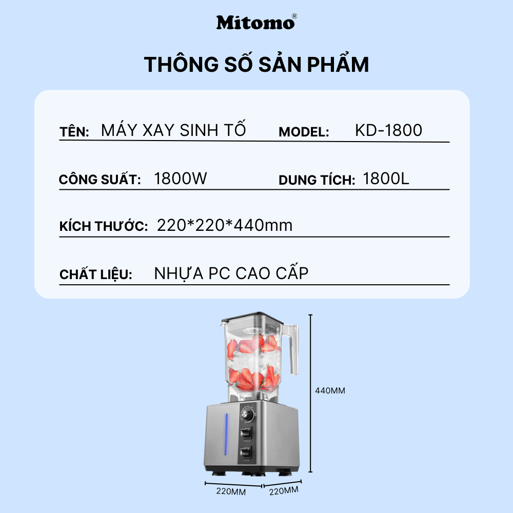Máy xay công nghiệp, máy xay sinh tố đa năng Mitomo KD-1800, chuyên dụng cho kinh doanh hàng chính hãng - BH 3 năm