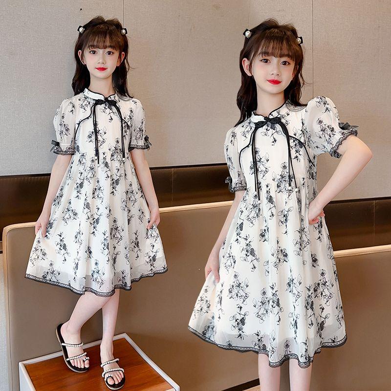 DONGSHOP HOT Cô gái mảnh hoa sườn xám đầm mùa hè 2023 trẻ em tây mùa hè đầm cô gái tay áo ngắn chiffon váy công chúa