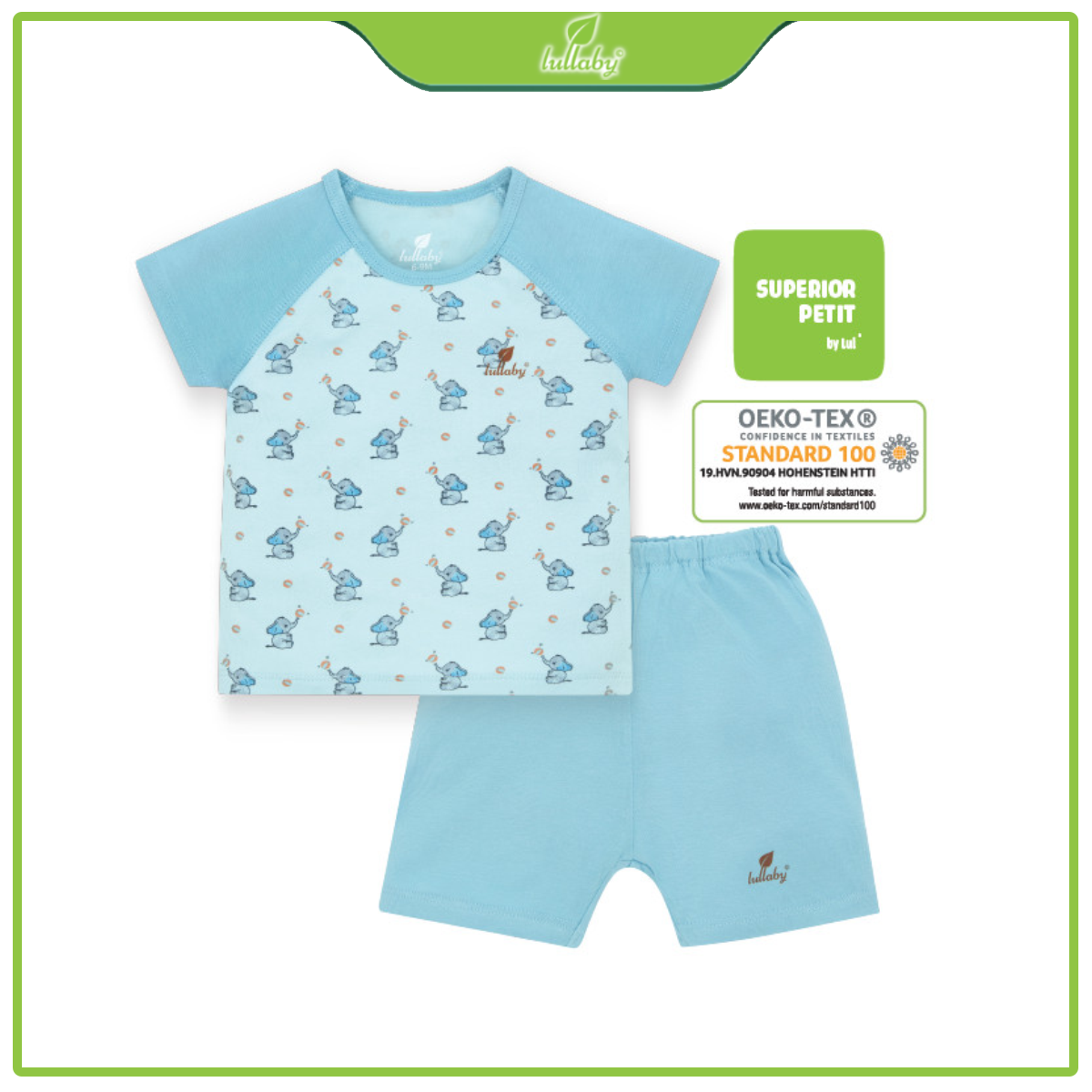 Đồ bộ cộc tay Raglan Lullaby cho bé trai NH602P Xanh in Voi 