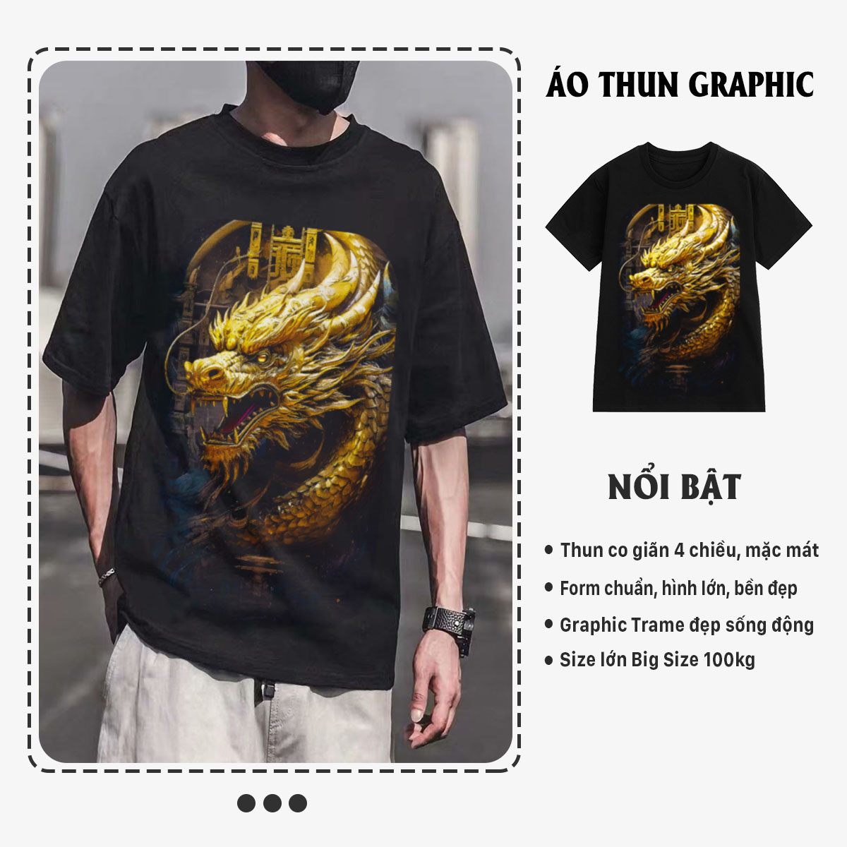 Áo thun nam cổ tròn tay ngắn TeeSett big size boy phố cotton màu đen in hình rồng vàng graphic design