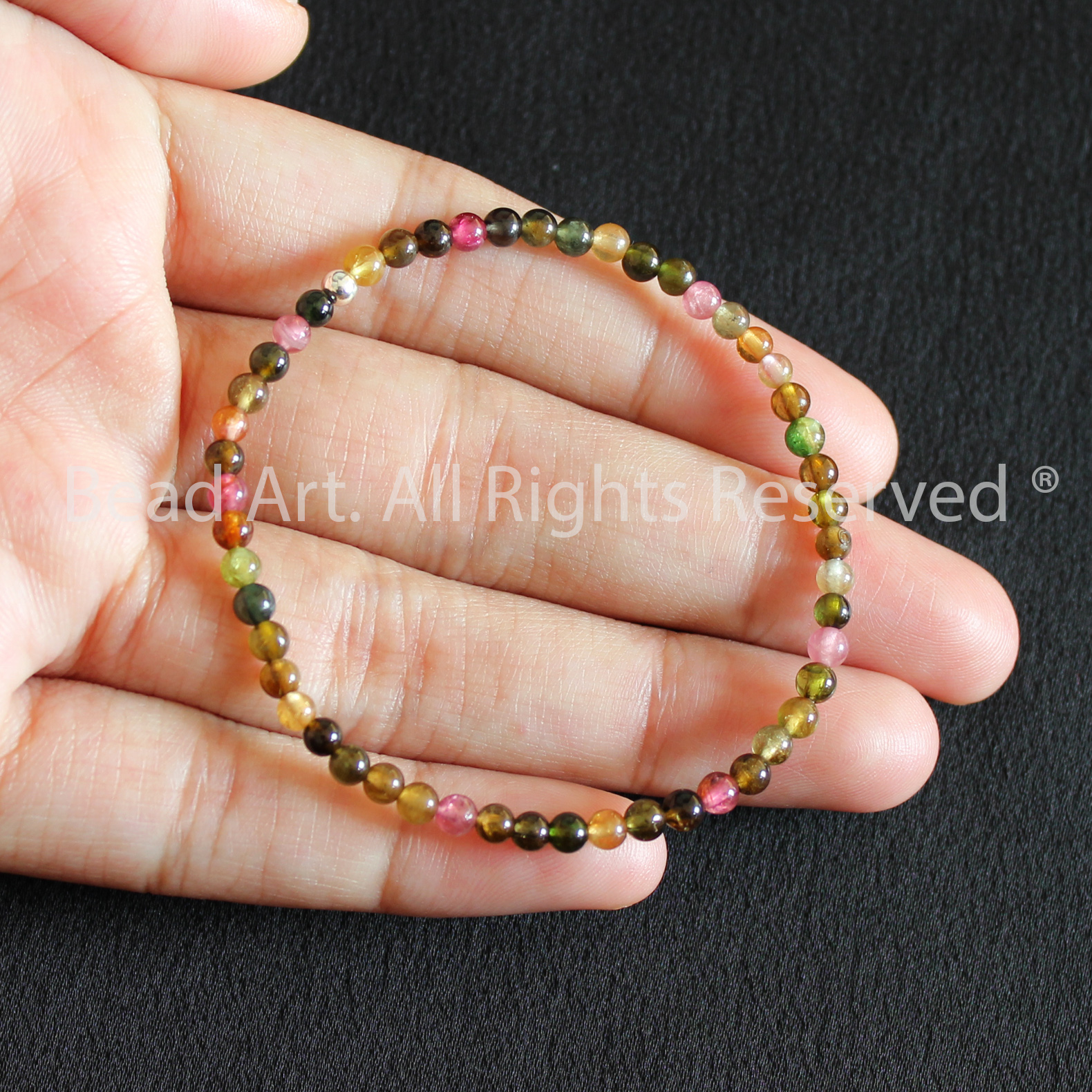 Vòng Tay 3MM Đá Tourmaline Đa Sắc Tự Nhiên Và Bạc 925, Mọi Cung Mệnh, Vòng Tay Phong Thuỷ, Chuỗi Hạt - Bead Art