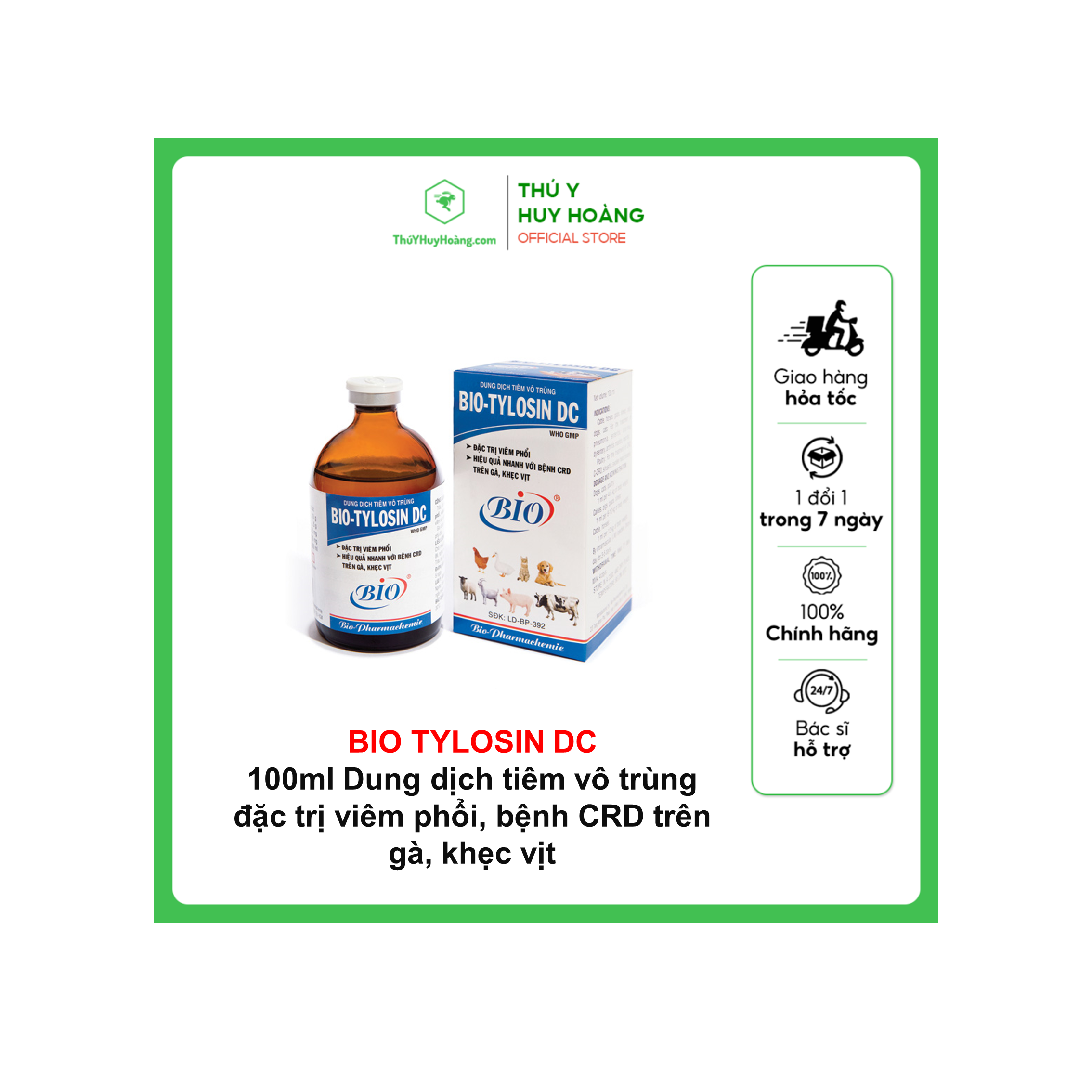 BIO TYLOSIN DC 100ml Dung dịch tiêm vô trùng đặc trị viêm phổi, bệnh CRD trên gà khẹc vịt