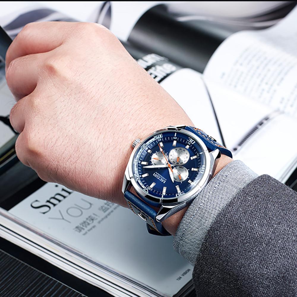 Đồng hồ thể thao MEGIR Chronograph Nam Đồng hồ thạch anh Dây da dạ quang Đồng hồ đeo tay - Màu cà phê