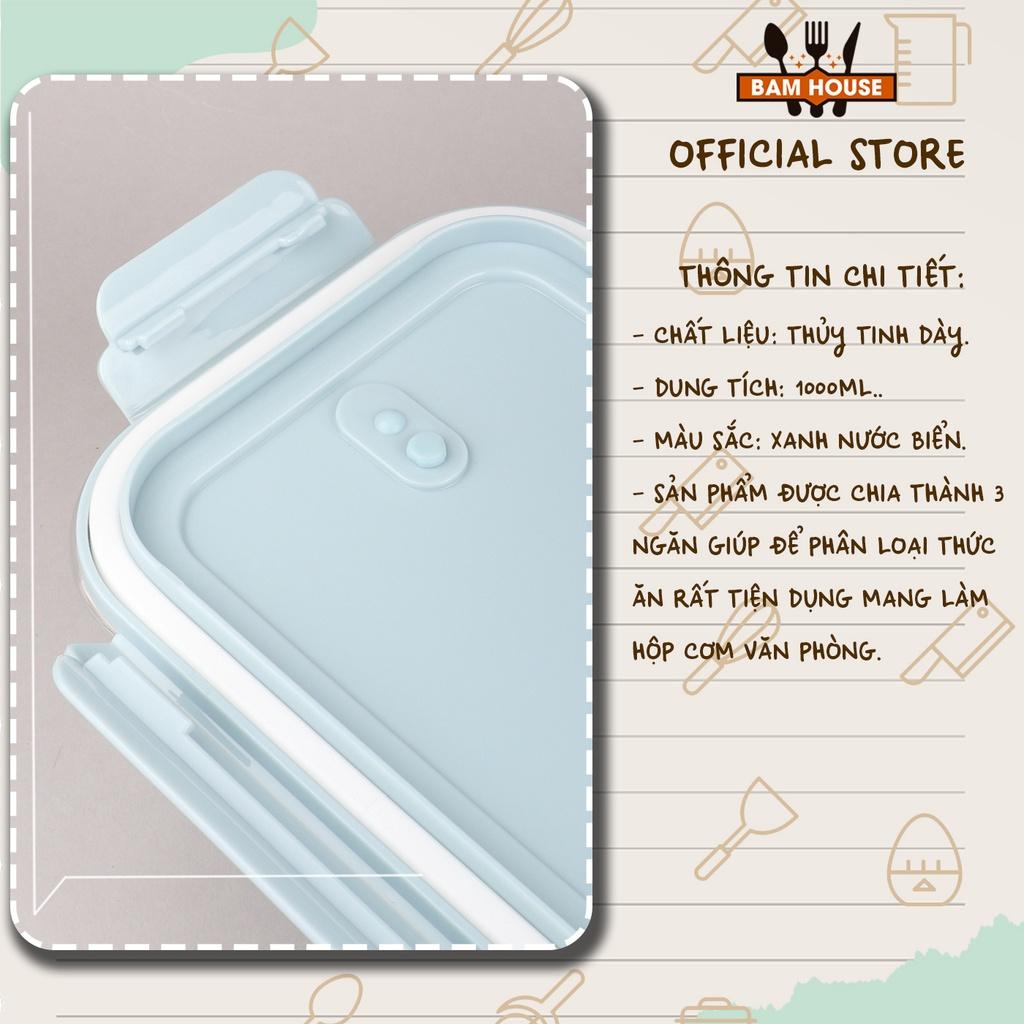 Hộp cơm 3 ngăn thuỷ tinh kích thước lớn Bam House loại dày có nắp đậy kín cao cấp HC3N01 - Hộp đựng cơm