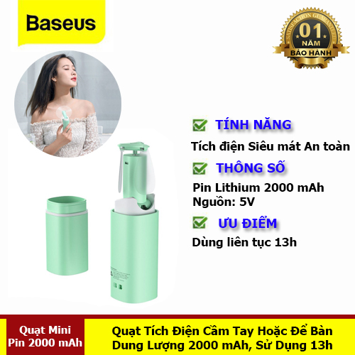 Quạt Mini Tích Điện Cầm Tay Hoặc Để Bàn Dung Lượng 2000mah, Sử Dụng 13h-Hàng Chính Hãng Baseus