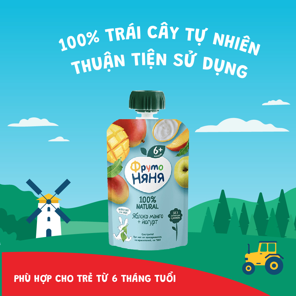 Combo 6 Gói Trái cây nghiền vị táo, xoài cùng sữa chua Fruto Nyanya 90g