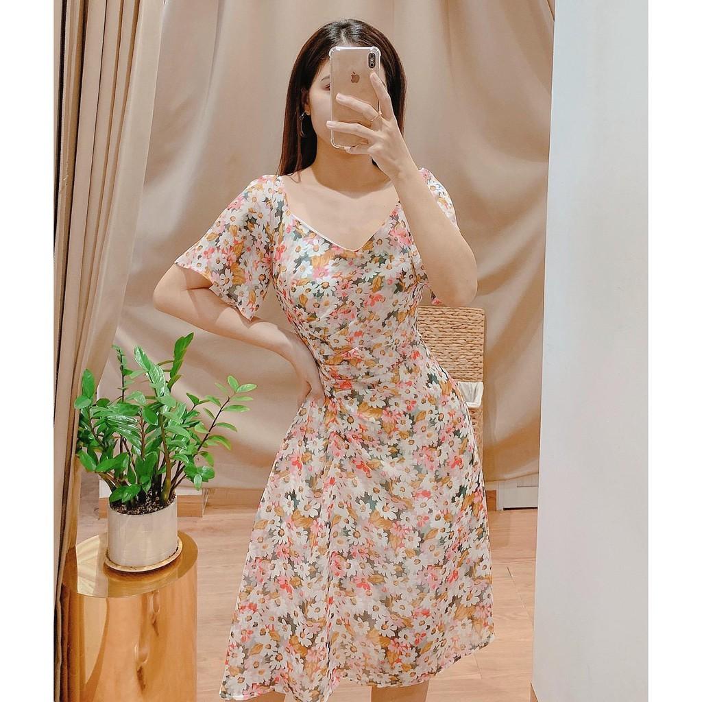 ĐẦM MAXI HOA HỒNG VOAN 2 LỚP HOA NHÍ DỰ TIỆC CỔ V TAY LỠ CÁNH TIÊN DÁNG XÒE NHÍN THÂN