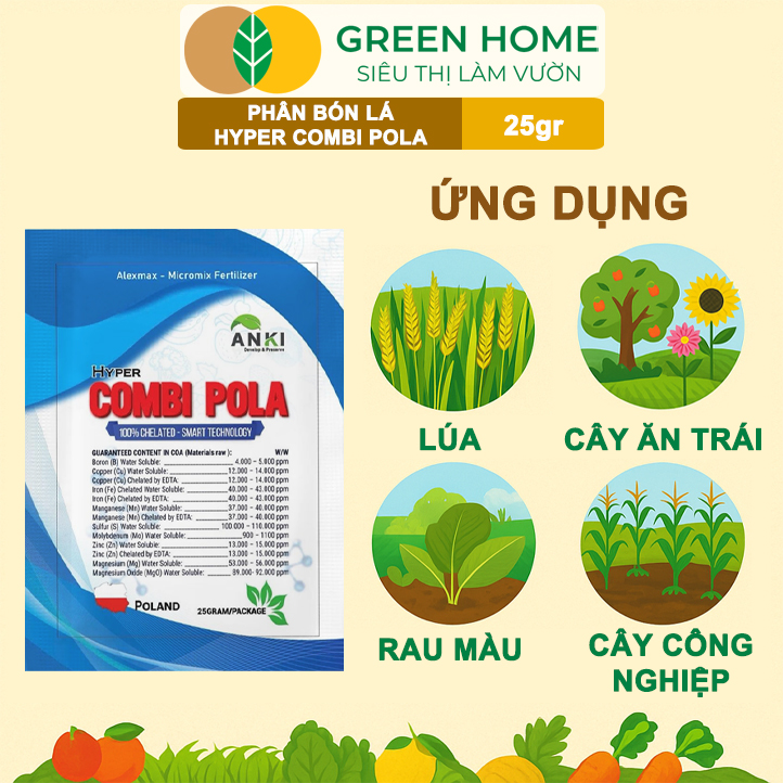 Phân Bón Lá Trung Vi Lượng Hyper Combi - Pola GreenHome, Gói 25Gr, Dạng Cốm Cao Cấp, Tăng Năng Suất