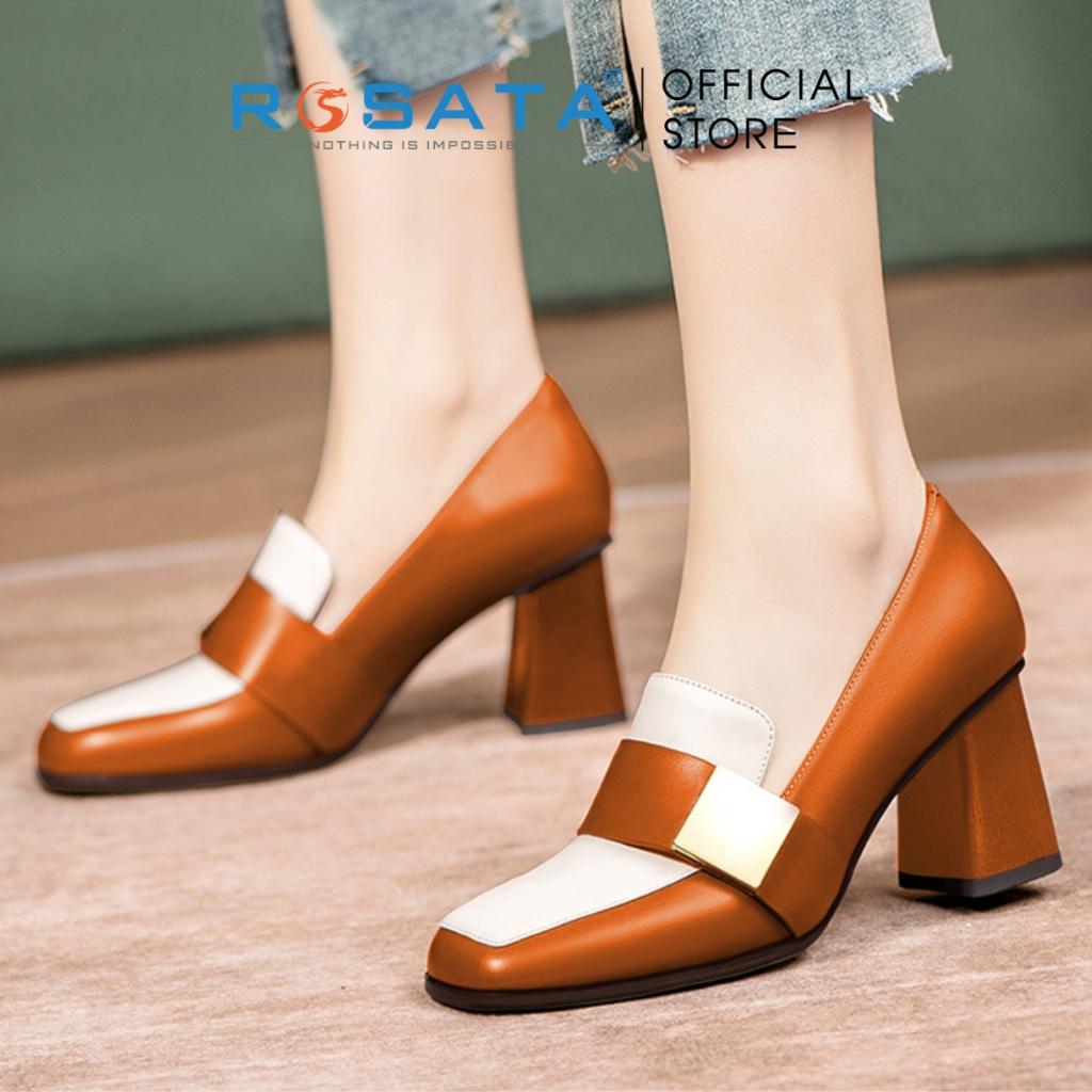 Giày cao gót nữ ROSATA RO389 mũi vuông xỏ chân gót cao 7cm xuất xứ Việt Nam - NÂU