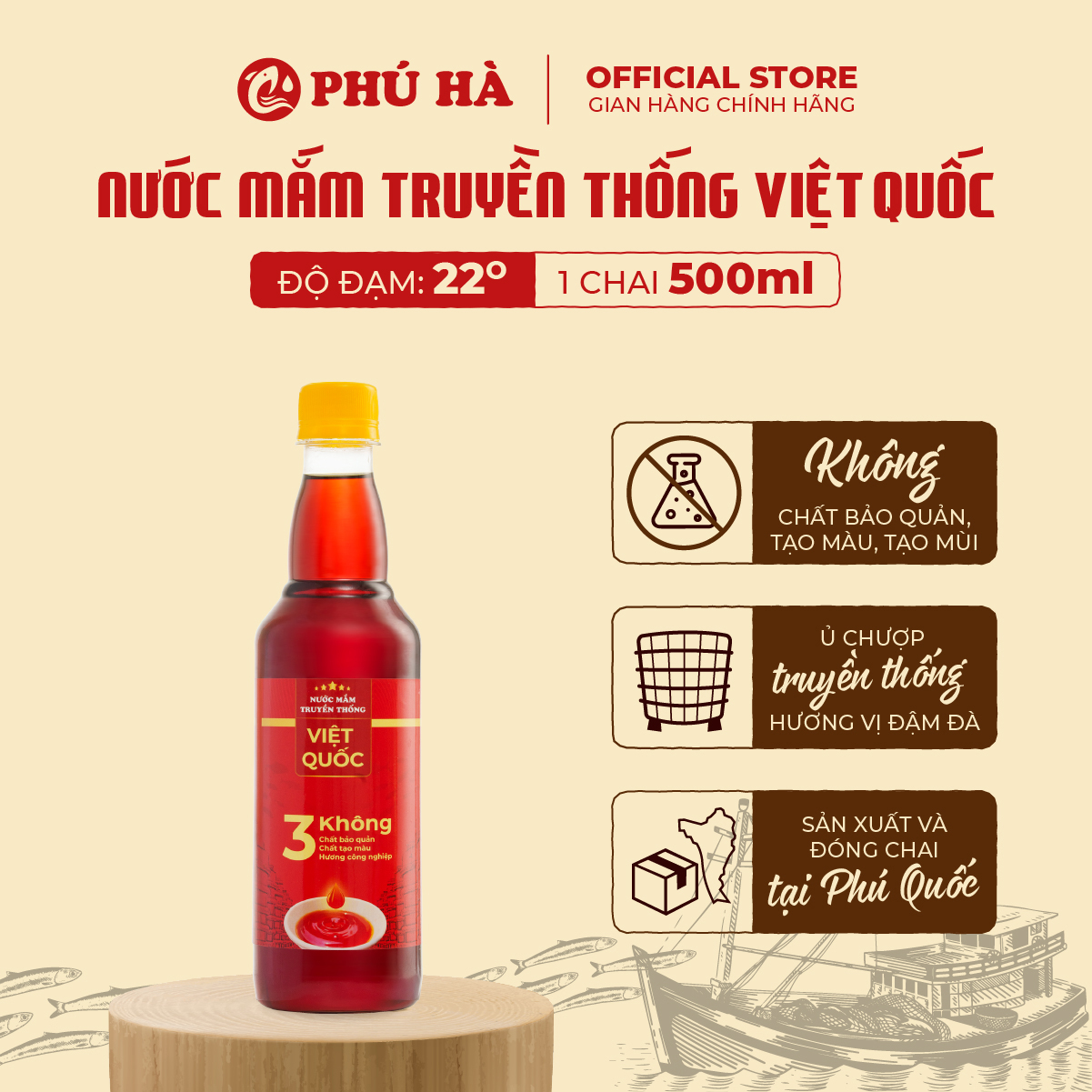 Nước mắm truyền thống Việt Quốc Phú Hà 22 độ đạm - 1 Chai 500ml