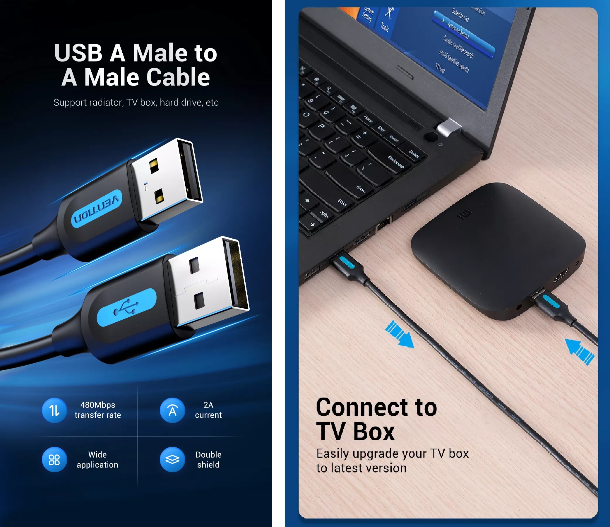 [USB Male ra USB male ] Cáp dữ liệu 2 đầu USB 2.0 Vention COJBD _ Hàng chính hãng