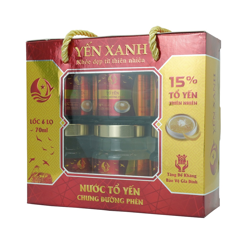 Nước tổ yến sào chưng đường phèn - YẾN XANH (15% tổ yến) - Lốc 6 lọ x 70ml có quai xách