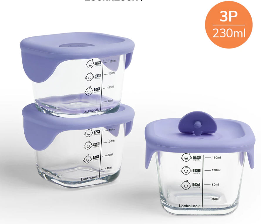 Hộp thủy tinh đựng thức ăn dặm cho bé LocknLock có vạch chia dung tích 230ml x 3 hộp LLG508S3ORG / LLG509S3PUP