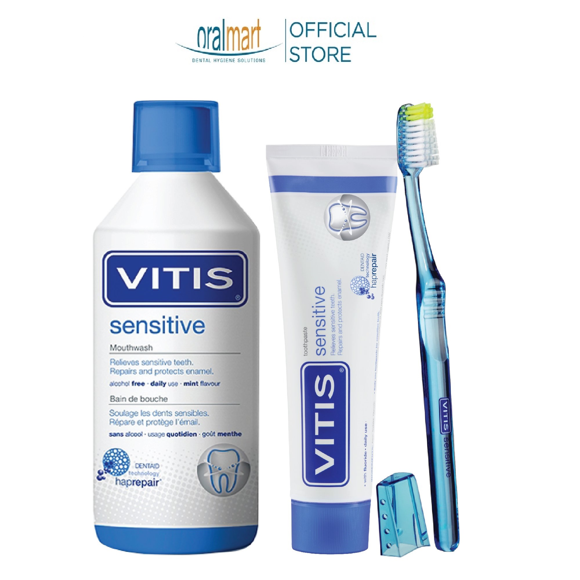 Bộ sản phẩm chăm sóc răng ê buốt Vitis Sensitive (Nước súc miệng 500ml, kem đánh răng 100ml và bàn chải)