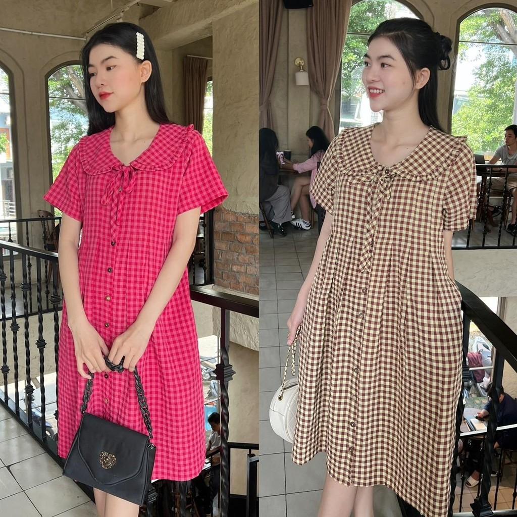 Đầm bầu karo cổ bèo thắt nơ dáng suông dễ thương, trẻ trung, năng động - Nâu