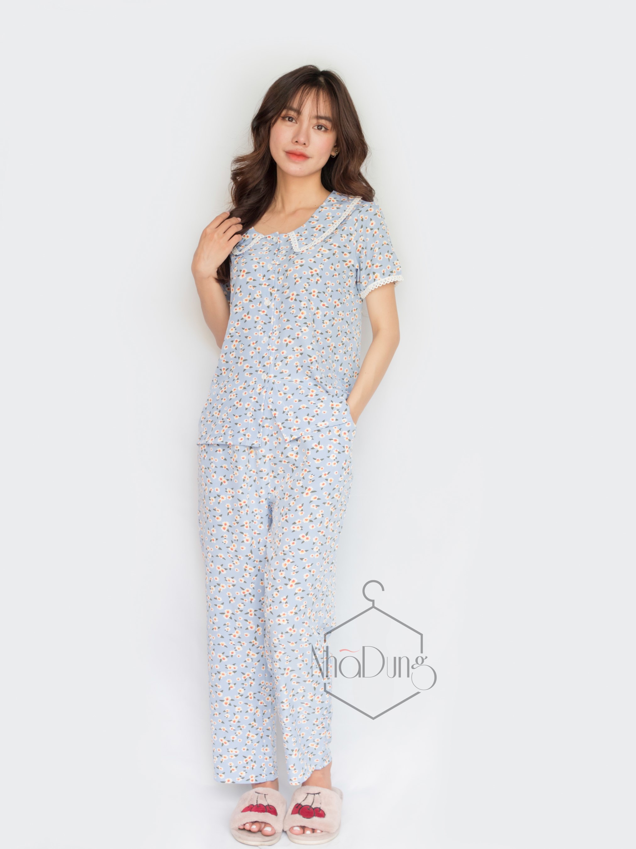 Đồ mặc nhà đồ bộ dài nữ lụa in họa tiết hoa có túi siêu dễ thương siêu mát dưới 70kg
