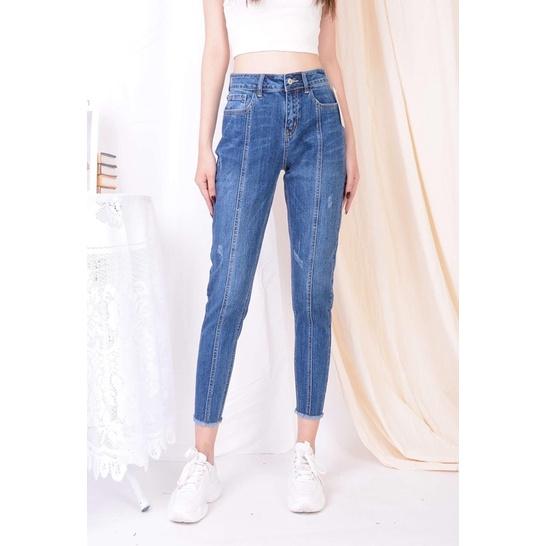 Quần jean 9 tấc Size To phom Baggy/boyfriend co dãn mạnh, lưng cao, kiểu ống ống quần có sọc giữa 4144