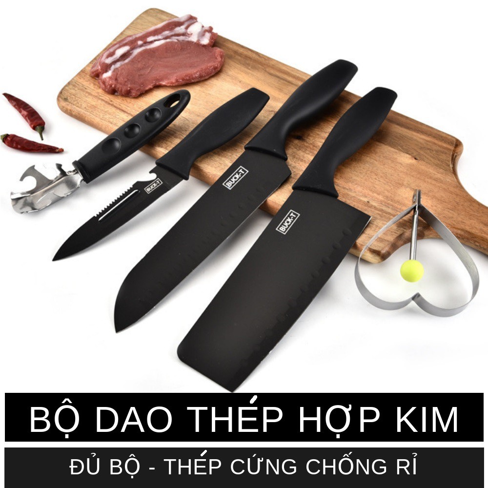 Bộ Dao 5 Món Làm Bếp Đa Năng Thép Hợp Kim Không Gỉ Cao Cấp - Màu Đen